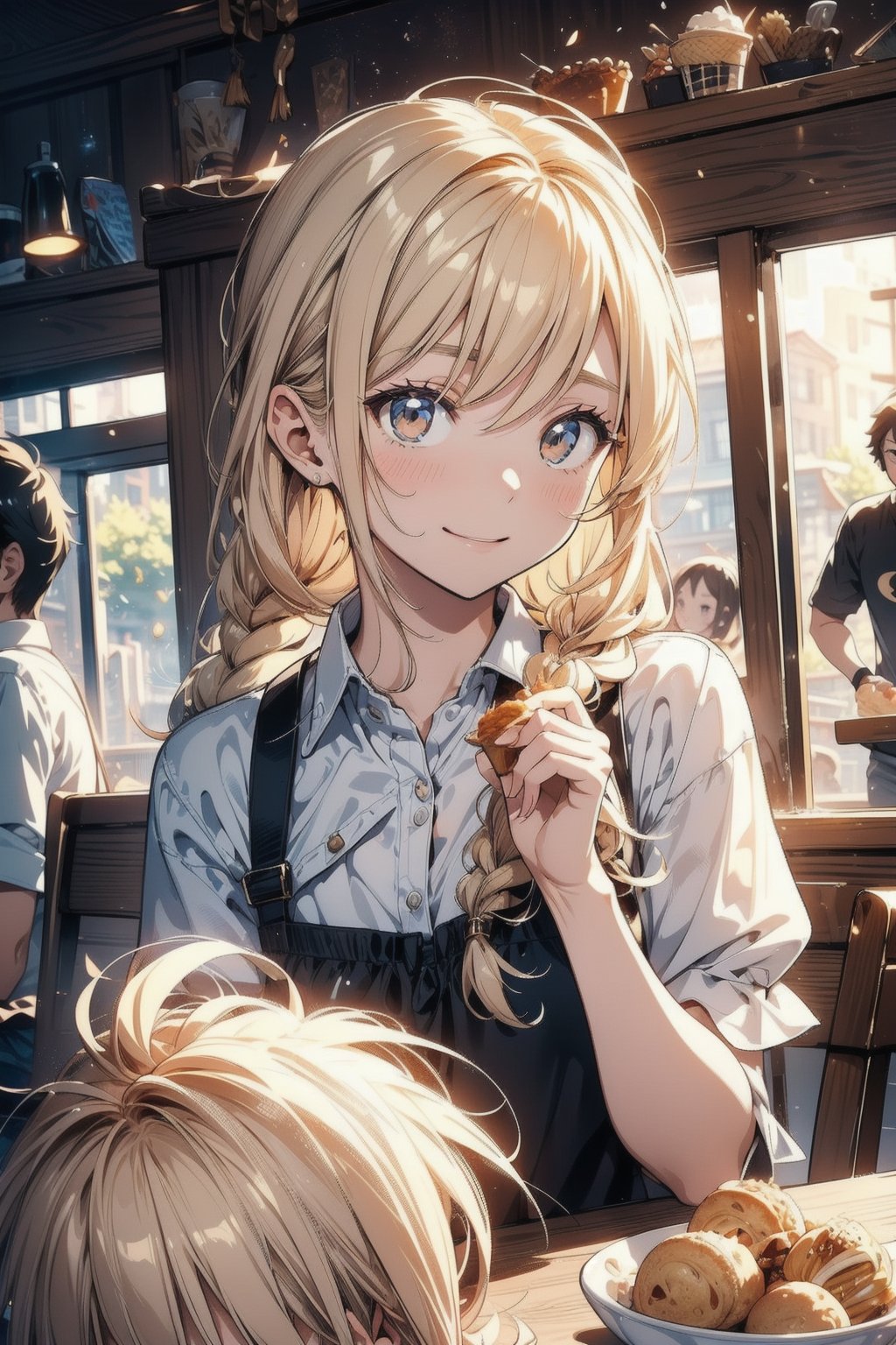 A warm, golden light fills the cozy restaurant as an 18-year-old boy with unruly hair falling across his eyes and thick eyebrows sits beside a beaming 17-year-old girl with vibrant braids. She's indulging in a sweet treat, her expression radiating joy as ice cream and muffin crumbs stick to her cheeks. Her hands rise to gently touch the sticky mess, while the boy tenderly offers her a spoonful of her favorite flavor. The camera captures their intimate moment in crisp high definition, with each detail - from the boy's gentle smile to the girl's delighted laughter - rendered in stunning clarity.