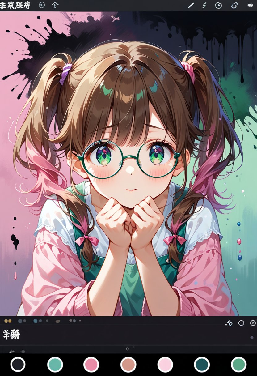 A shy painter girl, with middle bangs, fluffy and loose hair, double ponytails tied on her head, brown hair with pink pick-dyed hair, took off her round glasses with both hands and stared at the screen shyly. The background has ink elements, blue-green and pink gradient eyes, high picture quality, description of details, high quality