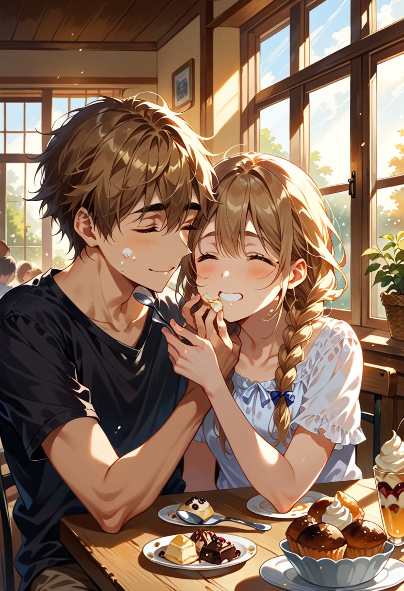 A warm, golden-hued afternoon sunlight streams through the restaurant's large windows, casting a comforting glow on the scene. A 18-year-old boy with messy, broken hair partially obscuring his deep-set eyes and thick eyebrows sits alongside a 17-year-old girl adorned with vibrant braids. Together, they savor ice cream and muffins, surrounded by the cozy atmosphere of the eatery. The girl's expression radiates pure joy as she indulges in her treat, but the sweet delight is momentarily interrupted by a sticky smudge on her face. She playfully touches her cheeks to clean the mess, while the boy tenderly offers to feed her with a spoon, his eyes locked onto hers with gentle affection. The high-definition image captures every detail of this intimate moment, from the soft focus of their hair to the golden hues of the afternoon light. The boy is strong, and the girl eats the delicious food fed by the boy so delicious that her eyes are closed and her cheeks are bulging.