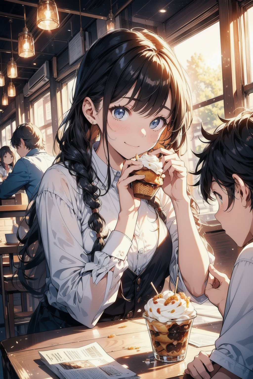 A warm, golden-hued afternoon sunlight streams through the restaurant's large windows, casting a comforting glow on the scene. A 18-year-old boy with messy, broken hair partially obscuring his deep-set eyes and thick eyebrows sits alongside a 17-year-old girl adorned with vibrant braids. Together, they savor ice cream and muffins, surrounded by the cozy atmosphere of the eatery. The girl's expression radiates pure joy as she indulges in her treat, but the sweet delight is momentarily interrupted by a sticky smudge on her face. She playfully touches her cheeks to clean the mess, while the boy tenderly offers to feed her with a spoon, his eyes locked onto hers with gentle affection. The high-definition image captures every detail of this intimate moment, from the soft focus of their hair to the golden hues of the afternoon light. The boy is strong, and the girl eats the delicious food fed by the boy so delicious that her eyes are closed and her cheeks are bulging.