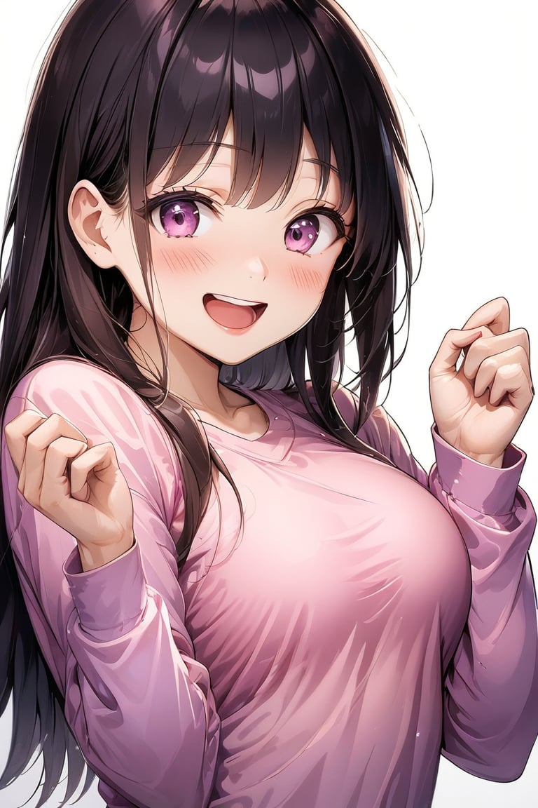 A girl half sideways her body 45 degrees to the screen, wearing long-sleeved clothes, showing an item with both hands, with a proud expression, blush, high details, detailed folds, high picture quality.