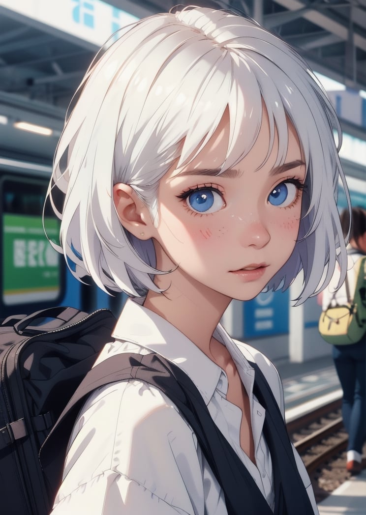 2 sisters at a european train station, casual street clothes, trolley suitecases, backpackers, backpacking in europe, travellers,

close up portrait, blurry background, depth of field,

(Style Midjourney), (Best illustrative quality 8k), (better details), 

(beautiful expressive eyes), (white skin like paper), dark hair, white hair, short hair and long hair,

eyes_details, face_details, backgroung_details, midjourney, hands_detailed,

they are blushing, shy, skinny, slim body, flat chest