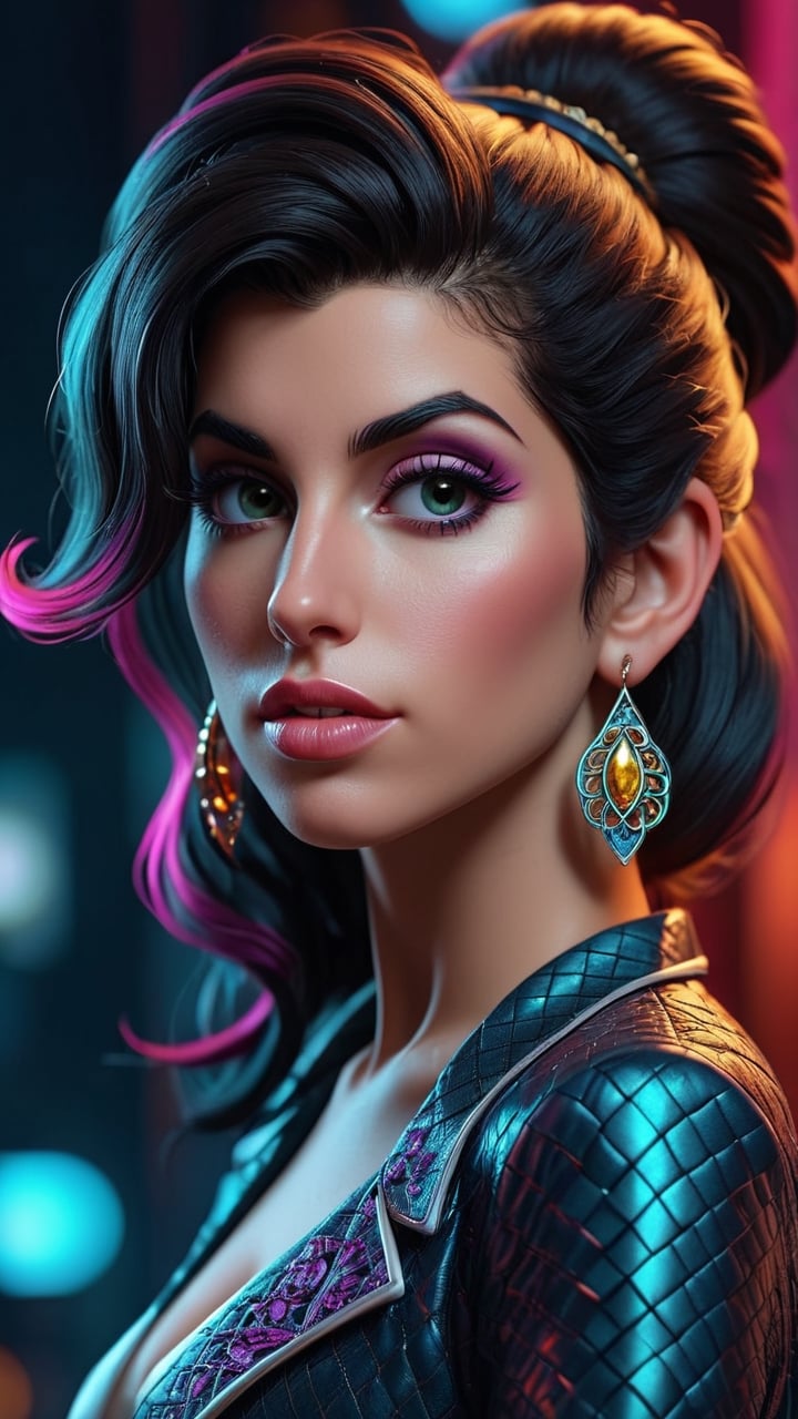 Amy Winehouse, cyberpunk style, cyberpunk reimagined, neon lights, dystopian, vivid, glowing, hero view, action pose, cinematic scene, dramatic lighting, colorful, bright colors, science fiction, beautiful 8k, masterpiece, best quality, high quality, absurdres
,Qftan
 ['Default (Slightly Cinematic)', 'SAI Enhance'], Real Prompt: ['cinematic still (masterpiece, best quality, official art, beautiful and aesthetic:1.2), extremely detailed,(fractal art:1.2),colorful,highest detailed,(zentangle:1.2), (dynamic pose), (abstract background:1.5), (many colors:1.4), 1 female, mature female . emotional, harmonious, vignette, highly detailed, high budget, bokeh, cinemascope, moody, epic, gorgeous, film grain, grainy', 'breathtaking (masterpiece, best quality, official art, beautiful and aesthetic:1.2), extremely detailed,(fractal art:1.2),colorful,highest detailed,(zentangle:1.2), (dynamic pose), (abstract background:1.5), (many colors:1.4), 1 female, mature female . award-winning, professional, highly detailed', '(masterpiece, best quality, official art, beautiful and aesthetic:1.2), extremely detailed,(fractal art:1.2),colorful,highest detailed,(zentangle:1.2), (dynamic pose), (abstract background:1.5), (many colors:1.4), 1 female, mature female, intricate, highly detailed, dark atmosphere, neon lights, highly detailed, digital painting, artstation, concept art, smooth, sharp focus, illustration, background by Heri Irawan, hyperrealistic, photorealism, beautiful face, enhanced hands, octane render'],dripping paint,3d style,3d,Qftan