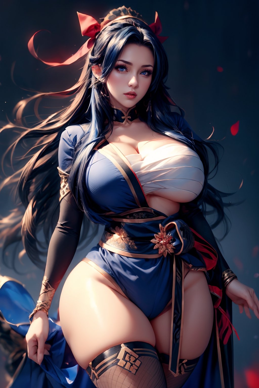 ((1 girl, adorable, Cool )), ((,chest sarashi, thighhighs, sash)), (headband,dark blue hair, long hair, blue eyes, makeup), (large breasts, large ass, thick thighs, wide hips, abs, voloptuous), background sakura