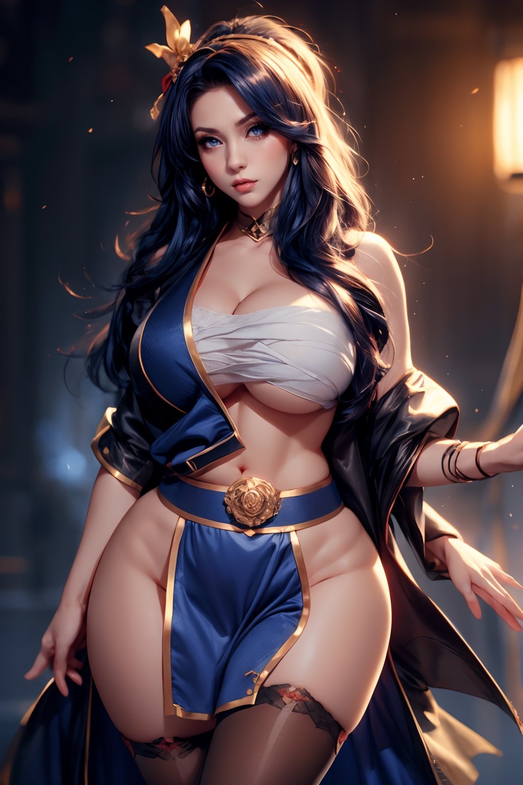 ((1 girl, adorable, Cool )), ((,chest sarashi, thighhighs, sash)), (headband,dark blue hair, long hair, blue eyes, makeup), (large breasts, large ass, thighs, wide hips, abs, voloptuous), background sakura