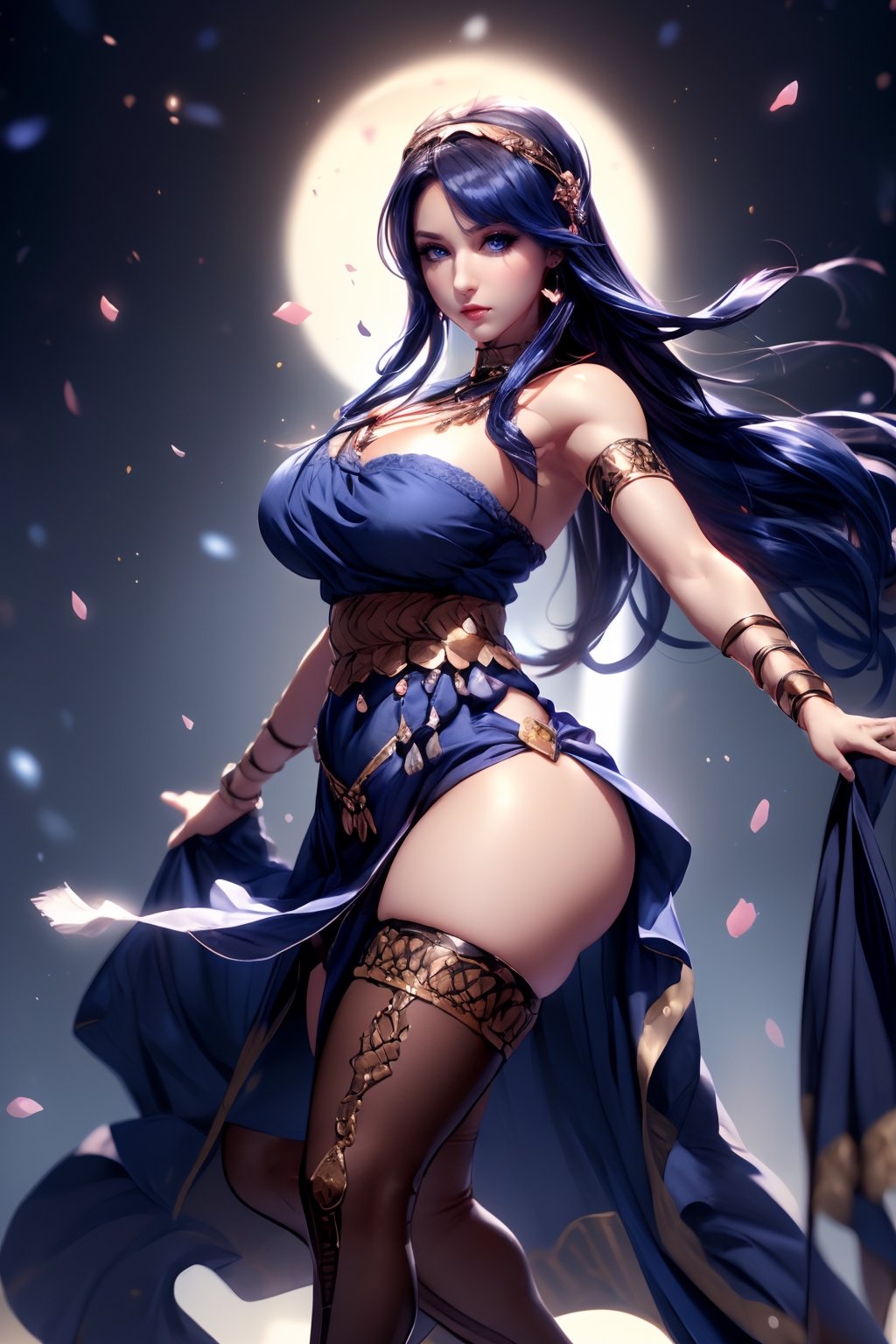 ((1 girl, adorable, Cool )), ((,chest sarashi, thighhighs, sash)), (headband,dark blue hair, long hair, blue eyes, makeup), (large breasts, large ass, thighs, wide hips, abs, voloptuous), background sakura,Dancer Outfit 