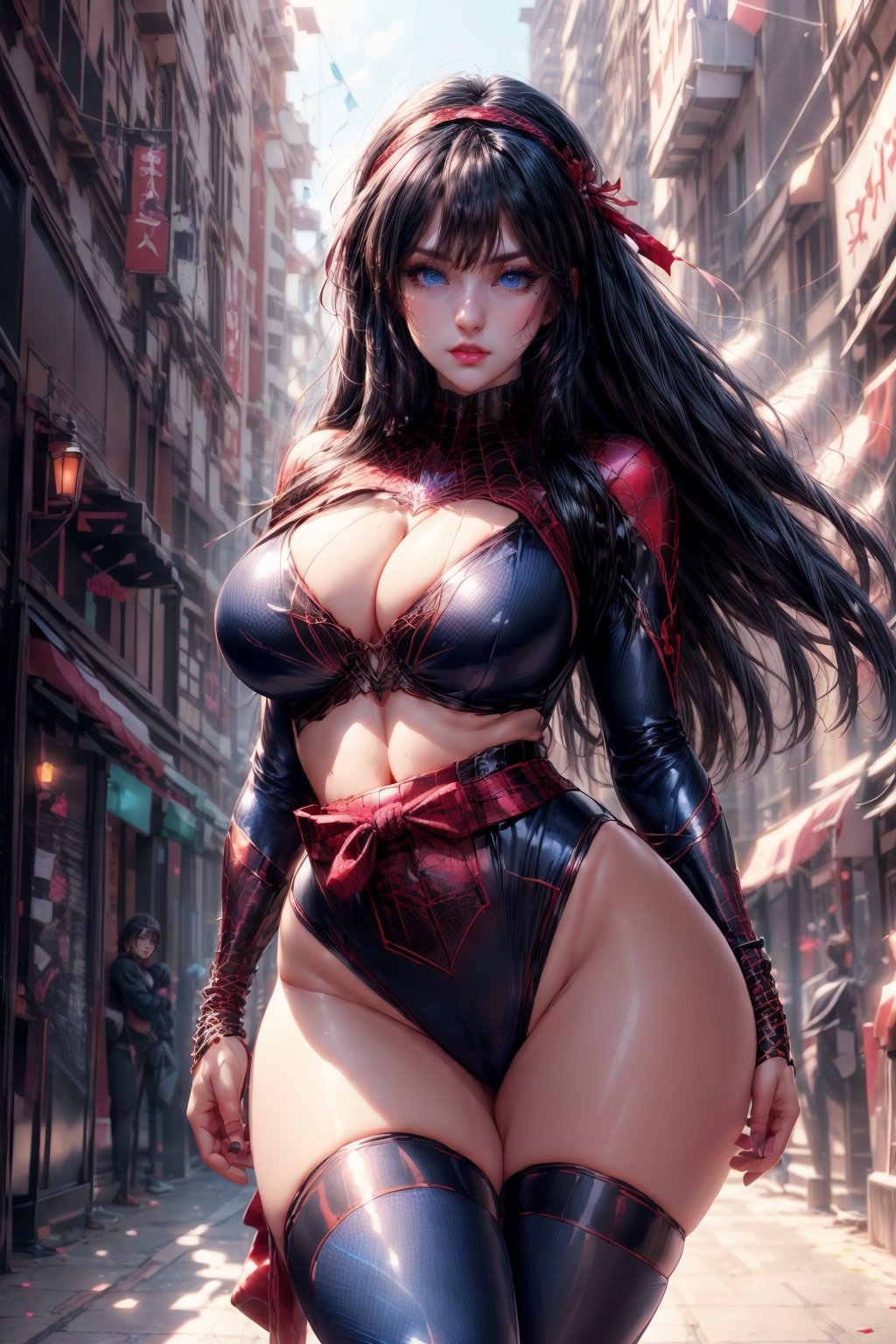 ((1 girl, adorable, Cool )), ((,chest sarashi, thighhighs, sash)), (headband,dark blue hair, long hair, blue eyes, makeup), (large breasts, large ass, thighs, wide hips, abs, voloptuous), background sakura,Dancer Outfit ,wearing spiderwoman_cosplay_outfit