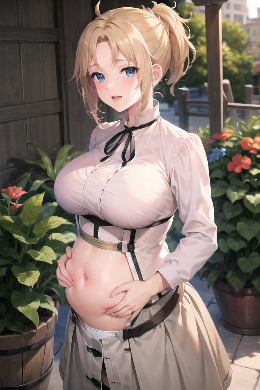 Zenith_aiwaifu,blonde hair,ponytail,blue eyes,short hair,large breasts,bangs,parted bangs,skirt,ribbon,shirt,long sleeves,neck ribbon,fur trim,black ribbon,white skirt,shirt_only,suspenders,collared shirt,pregnancy, white gown,masterpiece,best quality,ultra detailed, 8k, 4k,highly detailed, scenery,pose,offscreen_character,kiss belly