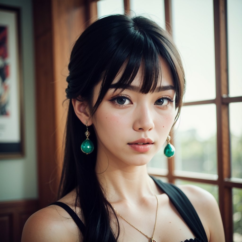 half body portrait, photograph, androgynous hunnuman, oval jaw, delicate Asian features, beautiful face, long black hair, long bangs, long ponytail, bright blue-green eyes, thai art, Thai