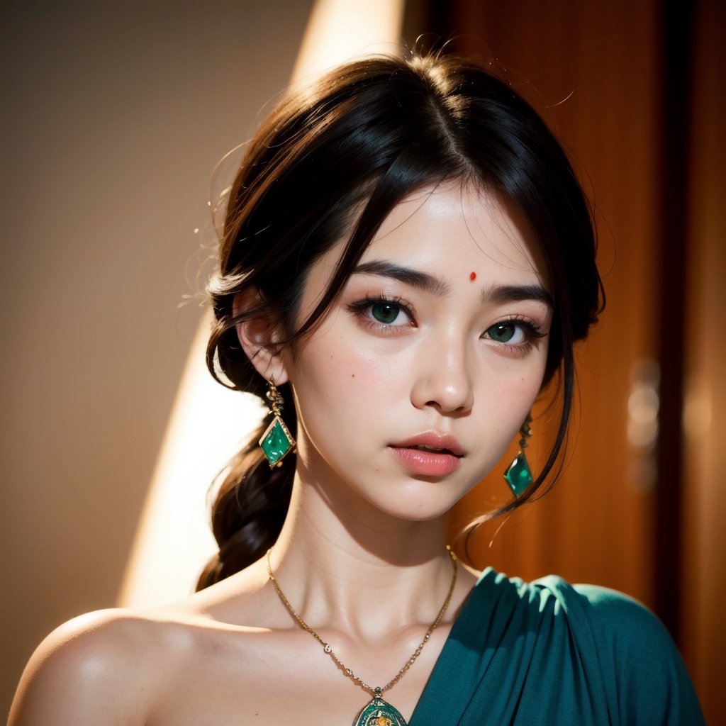 Protrait, photograph, androgynous hunnuman, oval jaw, delicate Asian features, beautiful face, dreadlocked hair, long bangs, long ponytail, bright blue-green eyes, hindu art, Korean