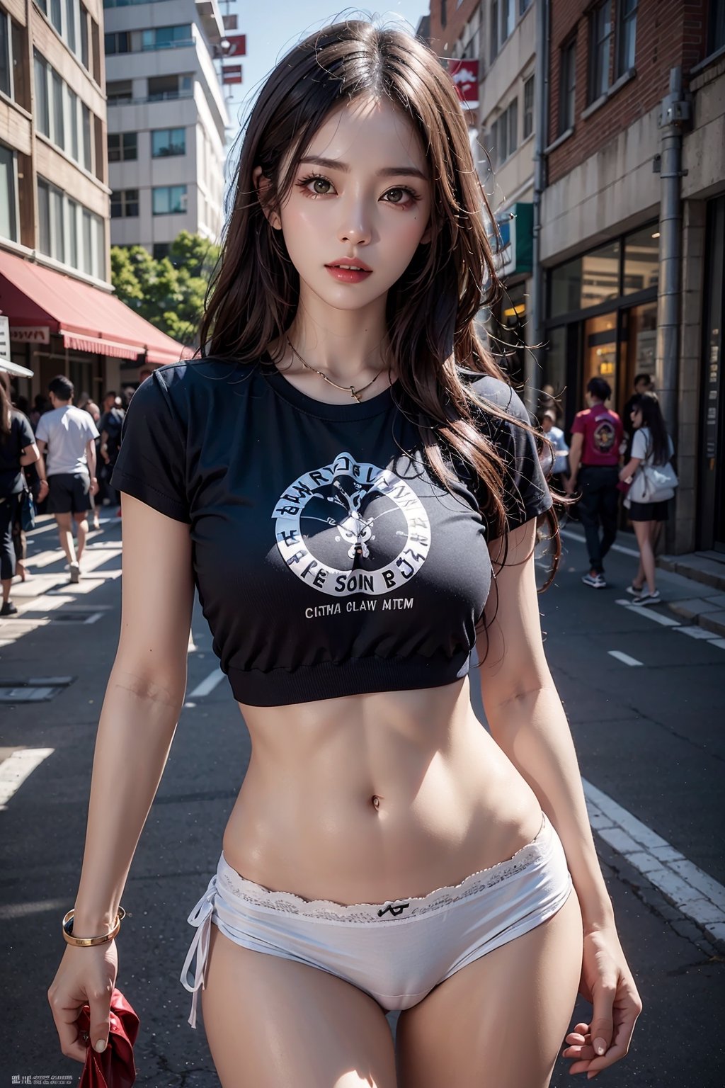 photorealistic, high resolution, 1women, mature Asian female, solo, regular size hips, jewelry, tattoo, street wear, t-shirt, black hair, white  underpants, make up, red lips, girl