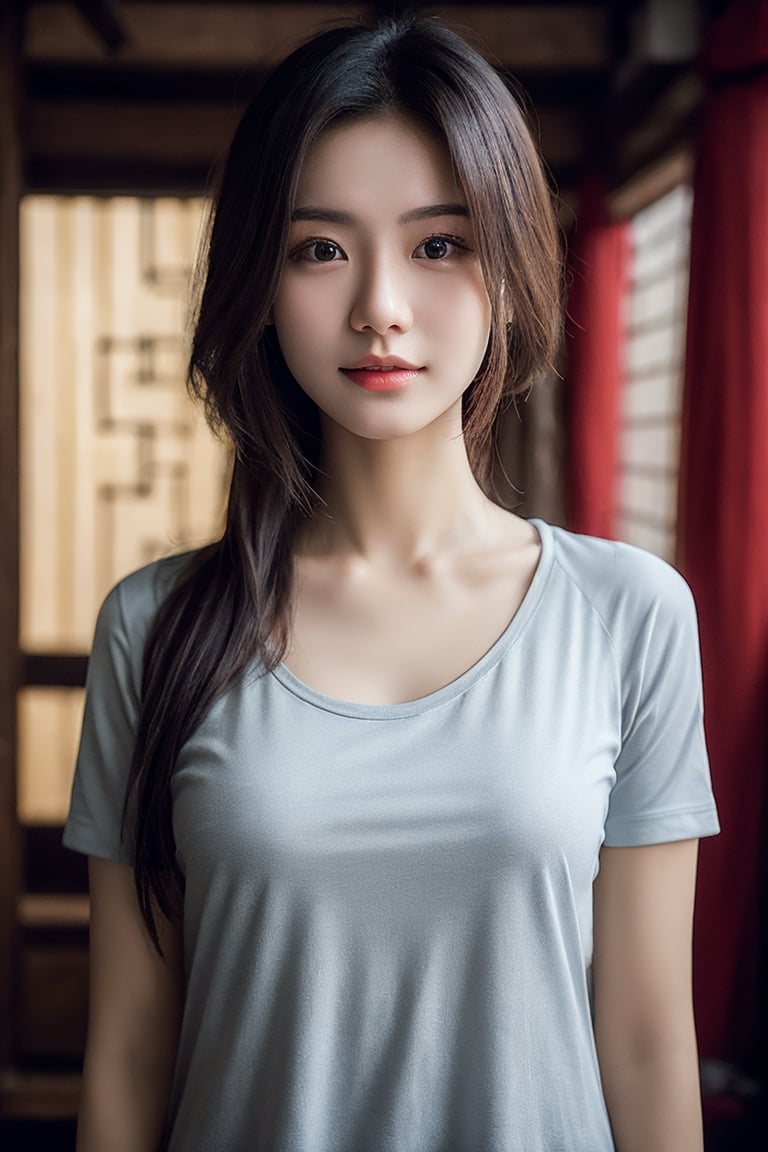 20-Year-Old thai Female, 
an athletic figure, 
Half Body Shot, hazel eyes, 
a checkered shirt, 
moderate chest size, 
with long black  hair, wearing a sexy shirt
Realistic Photos, 
Lighting Effects on Face, 
chinese temple Background, arshadArt,hf_Alexandra_Nagy-20