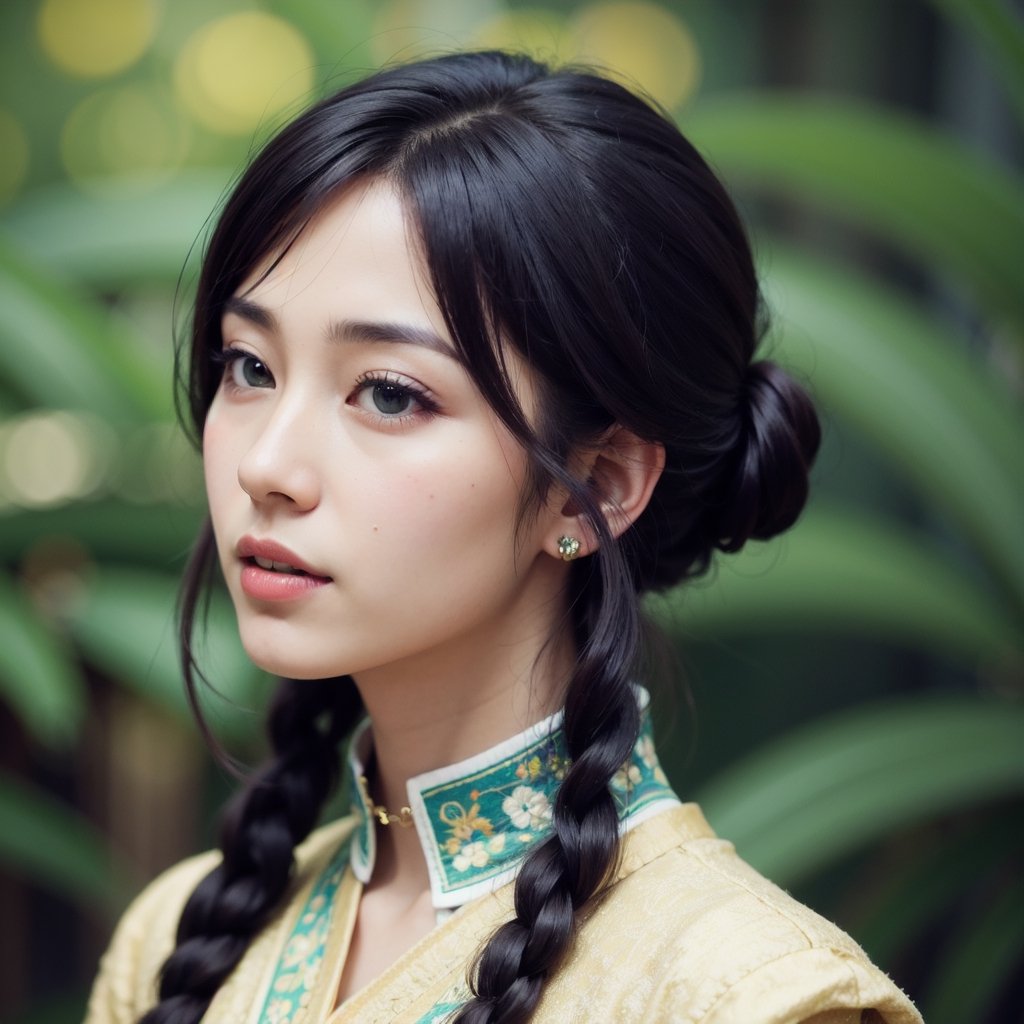 Protrait, photograph, androgynous hunnuman, oval jaw, delicate Asian features, beautiful face, dreadlocked hair, long bangs, long ponytail, bright blue-green eyes, hindu art, Korean