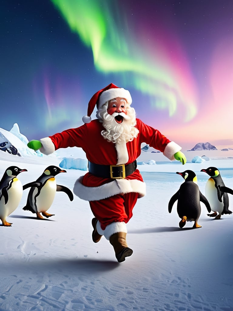 running santa claus, antarctica, aurora borealis, fun, running with penguins