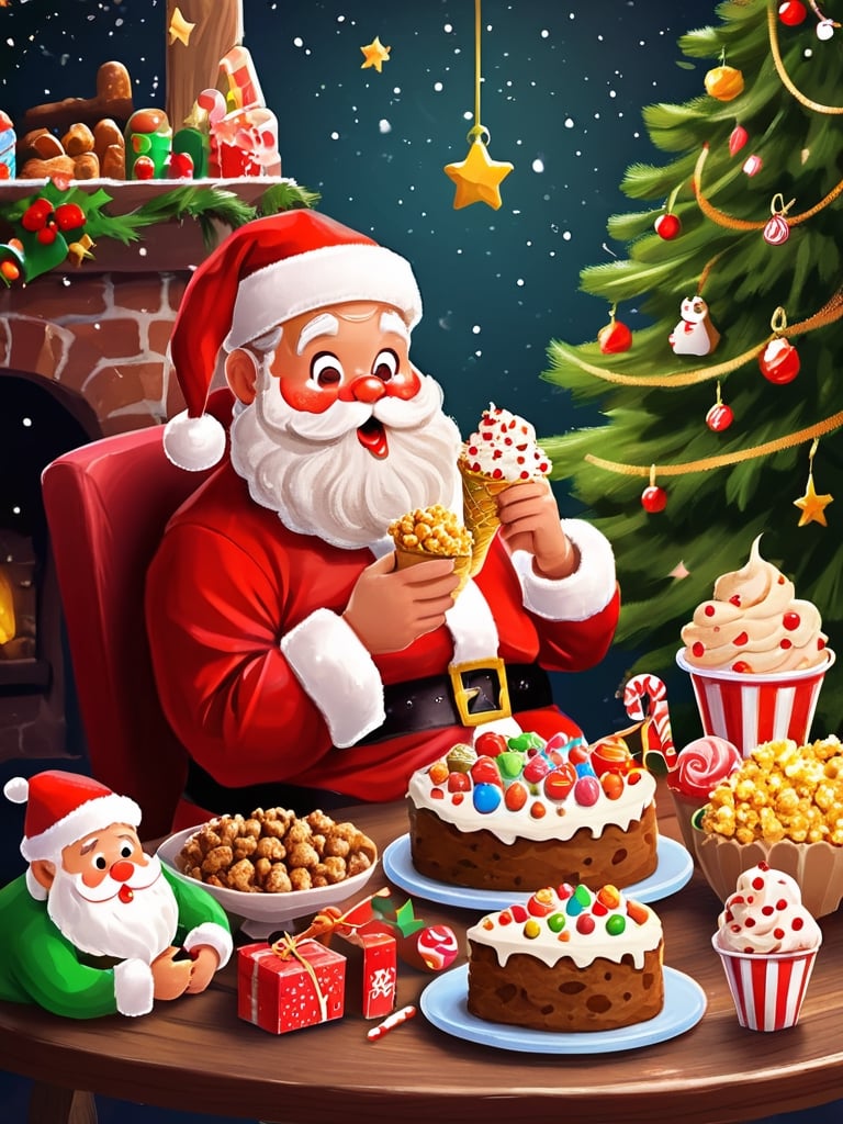 Santa Claus eats sweets, cookies, ice cream, popcorn and Christmas cake