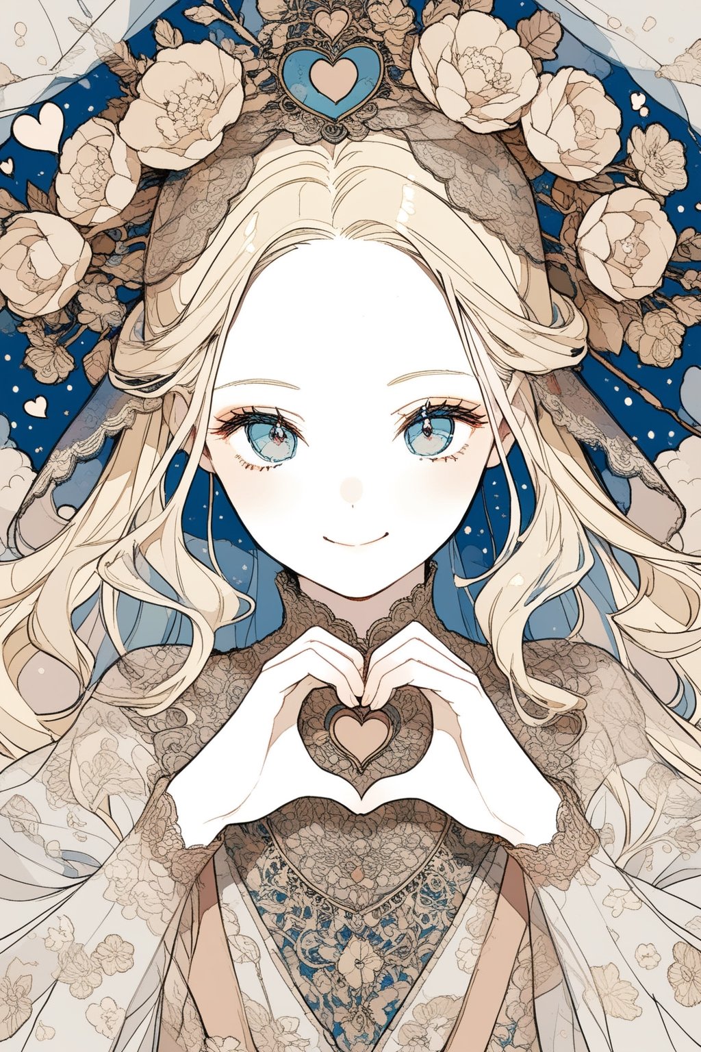 Finest, aesthetic, beautiful lace, beautiful veil, beautiful eyes, flowers, mystery, sacred, blue eyes, goddess, long blonde hair, parted bangs showing forehead, upper body, beautiful embroidered costume, full lace, medieval Europe, princess, many hearts, making a heart shape with her hands, smile, cute,lineart,dunhuang,LineAniAF