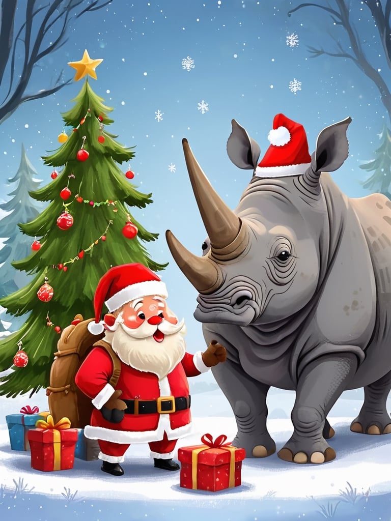 Santa Claus, pet, rhinoceros pet, rhinoceros with a red Santa hat on his head, good friends, Christmas tree