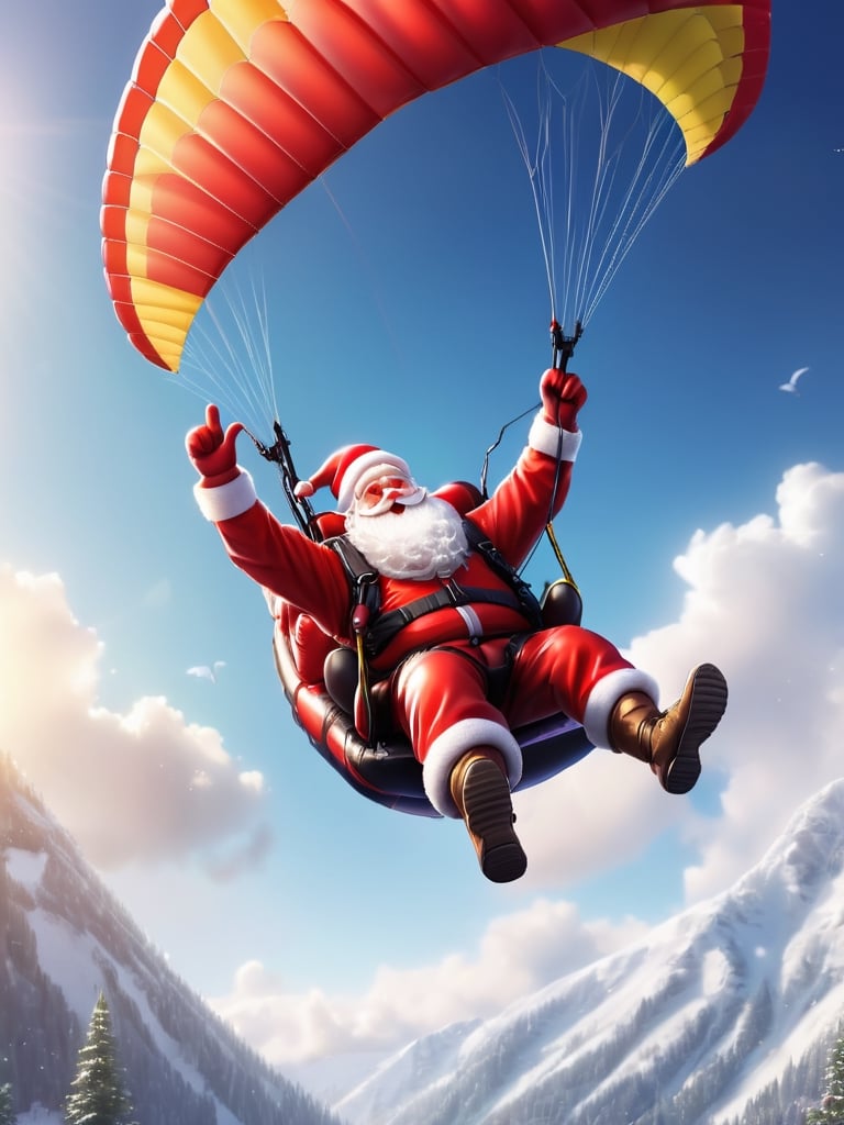 Santa Claus flying in the sky on a paraglider looks fun