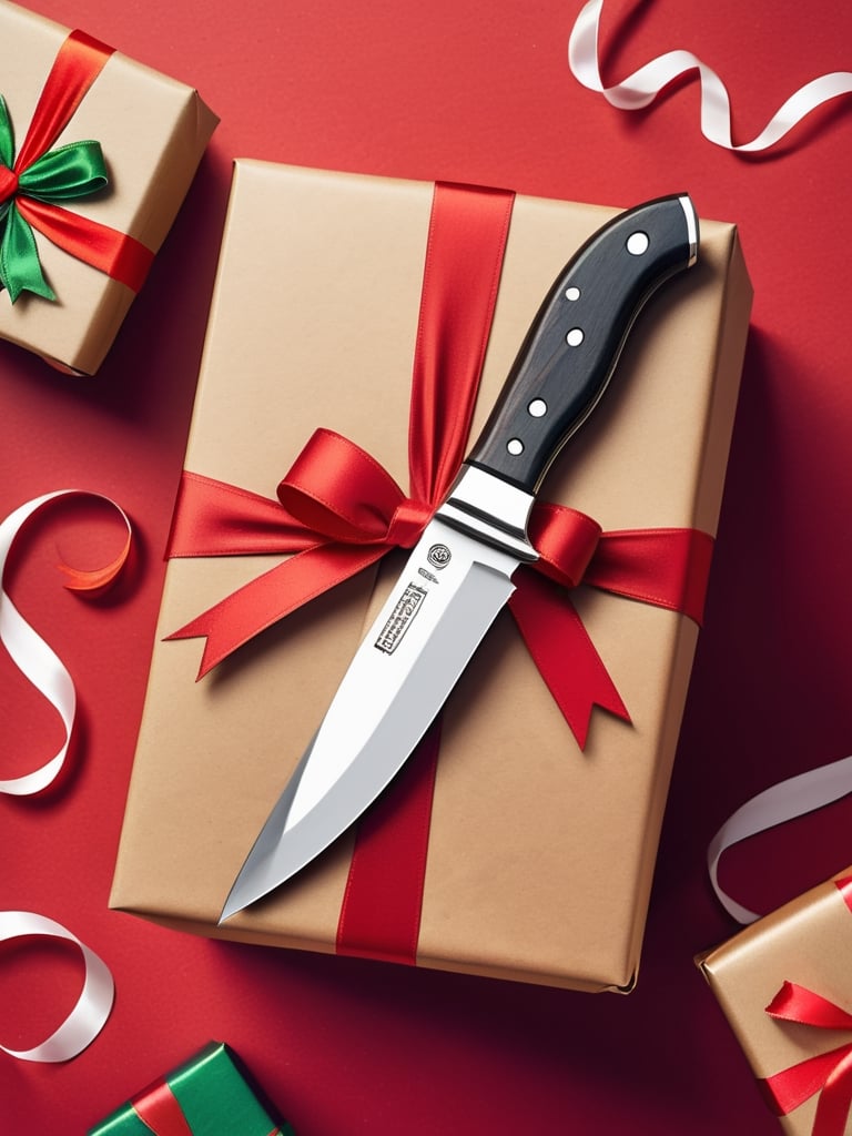 Christmas present, knife with ribbon attached, no humans