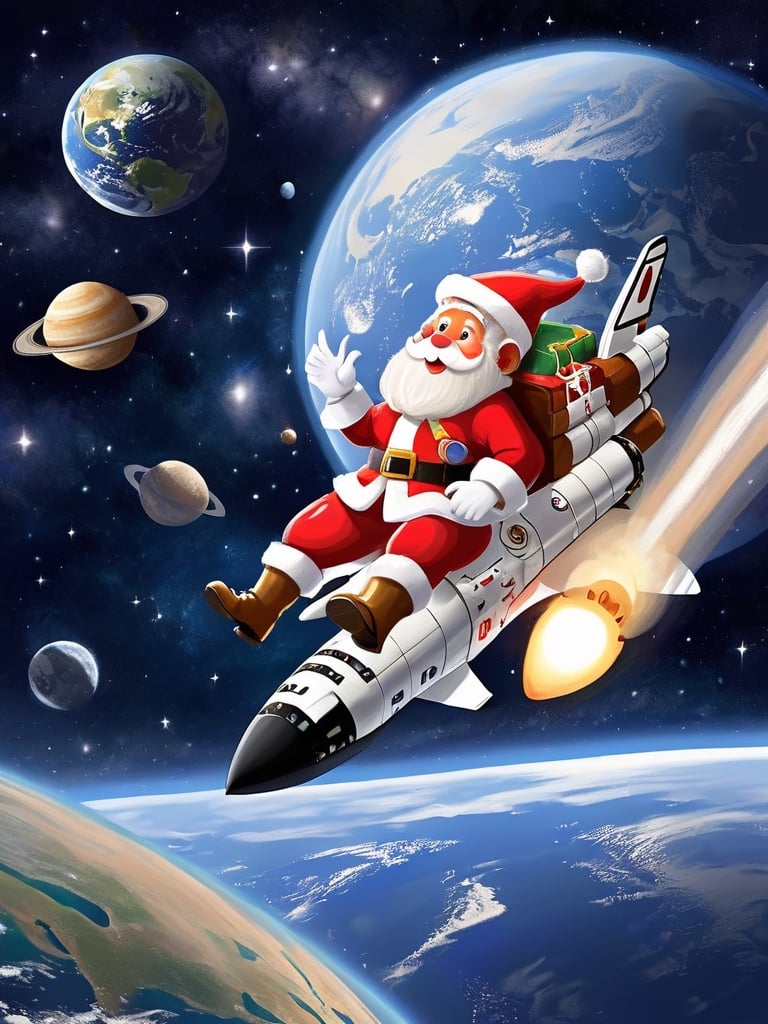 Spacewalk, Santa Claus riding the space shuttle, Earth, Saturn, Moon