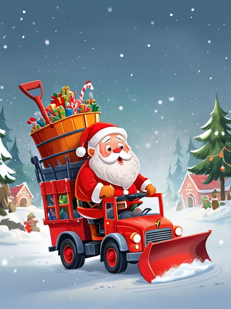 Santa Claus is driving a shovel truck,
There is a lot of pressure in the bucket at the tip.