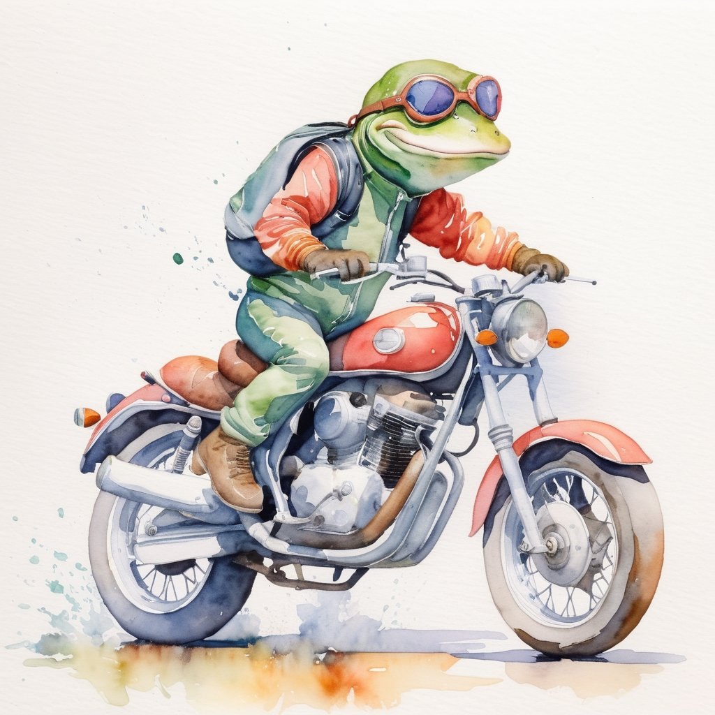 frog riding a motorcycle, watercolor