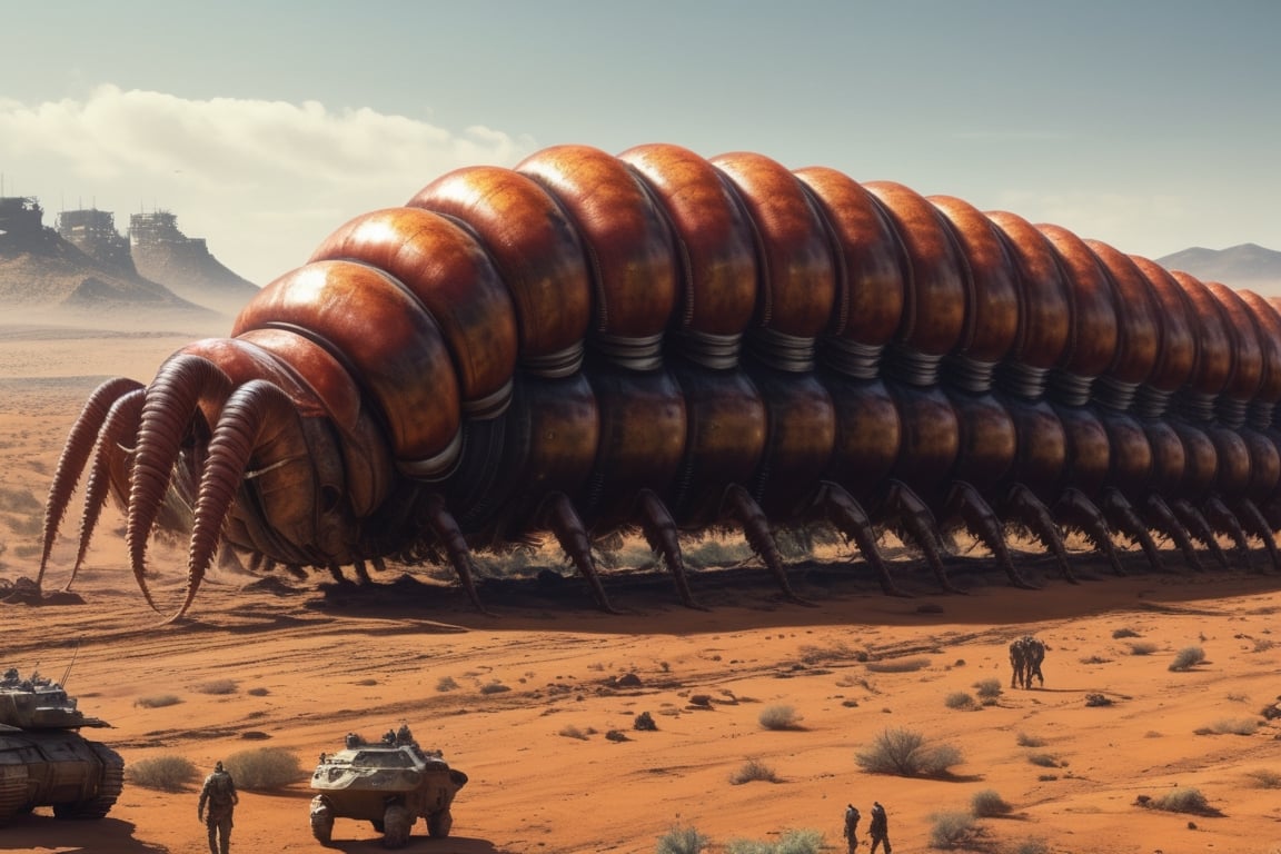 robotic giant centipede marching across a futurisitc battlefield