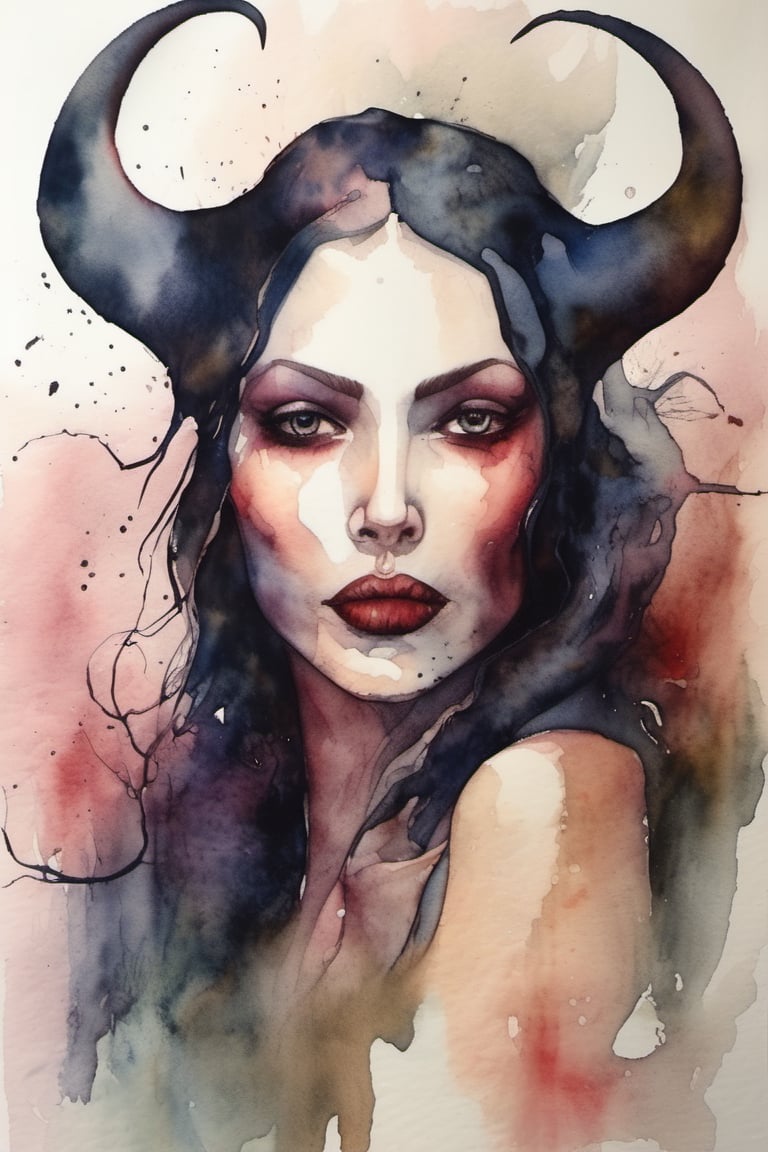 sensual succubus with black soul-less eyes beckoning you to approach and receive her love, watercolor_(medium)