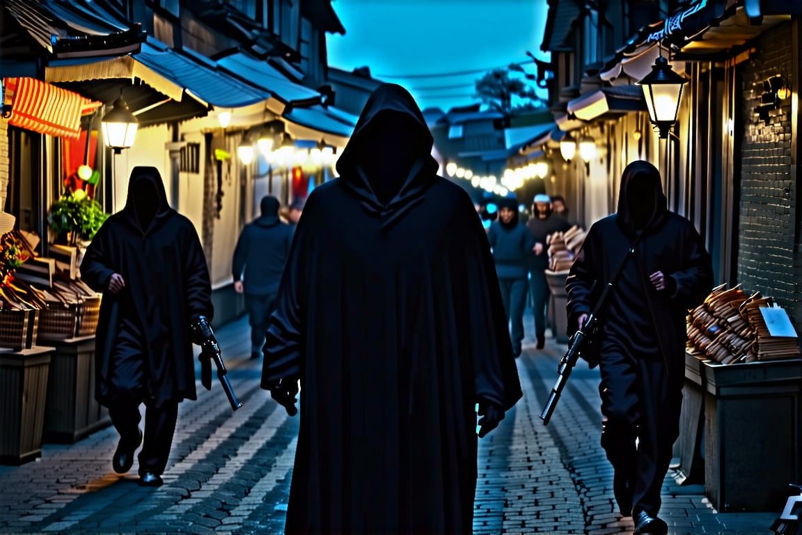 A dark alleyway at dusk, with flickering streetlights casting long shadows. A group of skilled thieves in black attire, armed and silent, move swiftly and precisely through the crowded market stalls. Led by a mysterious figure in a hooded cloak, they work together like a well-oiled machine, their mission to steal valuable artifacts from unsuspecting merchants.