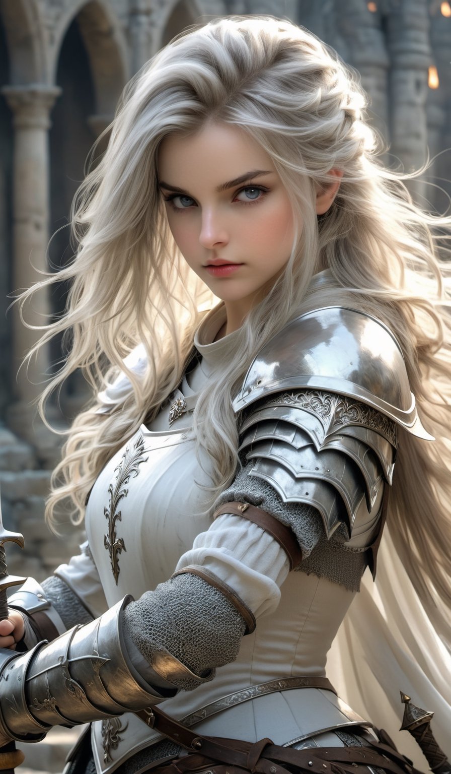 European style, fantasy, solo, cute girl, knight outfit, white & silver long hair, battle, faithing, enemy, ruins, holding long sword, (masterpiece), (best quality), (ultra-detailed), (an extremely delicate and beautiful), ((textile shading)), (caustics), (((sharp focus))),