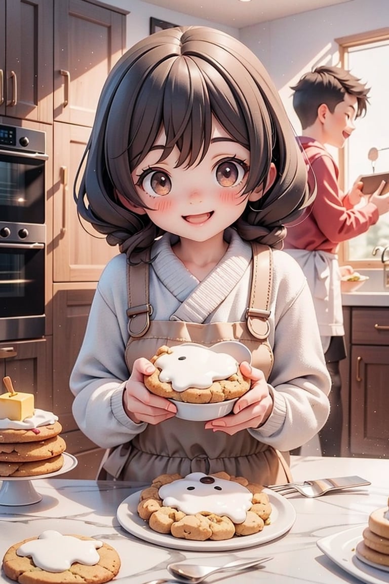 1girl and 1boy,3d,brown eyes,brown hair,korean,Generate an image of two kids baking cookies together in a festively decorated kitchen. Background: A kitchen filled with the smell of freshly baked cookies, colorful icing, and holiday-themed cookie cutters, happiness, smiling,