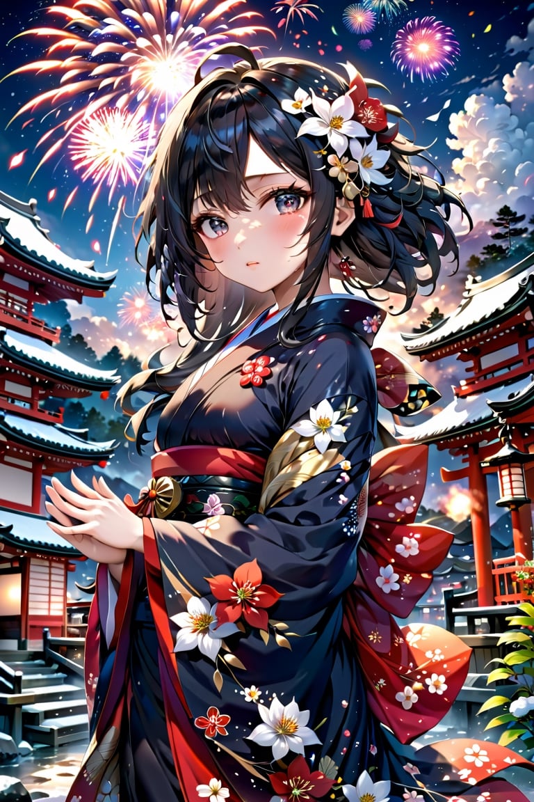 Anime ,hentai,(beautiful detailed face, beautiful detailed eyes),(((best quality,masterpiece))),(a beautiful girl,(flower pattern) kimono),(anime style),(Snow cover,night_sky ,fireworks,Japanese festival, nature view,Japanese shrine),more detail XL,EpicSky,cloud,(beautiful hands:1.5),full body,dynamic action,dynamic angle,from the front