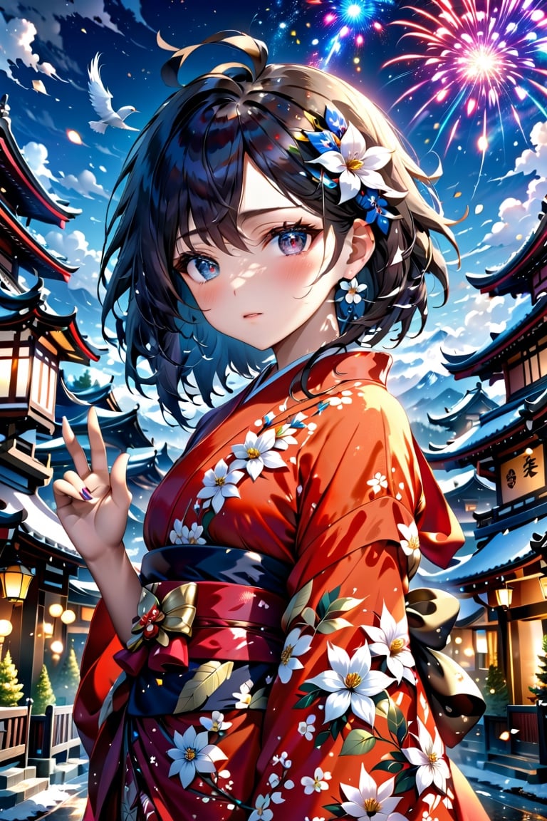 Anime ,hentai,(((extremely detailed CG unity 8k wallpaper, masterpiece, best quality, ultra-detailed, best shadow))),(anime),(anime style)(beautiful detailed face, beautiful detailed eyes),(( a beautiful girl,wearing (flower pattern ) kimono )),traffic sign with the inscription (((happy new year 2024))),Text, nature view, more detail XL,EpicSky,  (Snow cover,night_sky ,fireworks,road),(beautiful hands:1.5),cloud,more detail XL