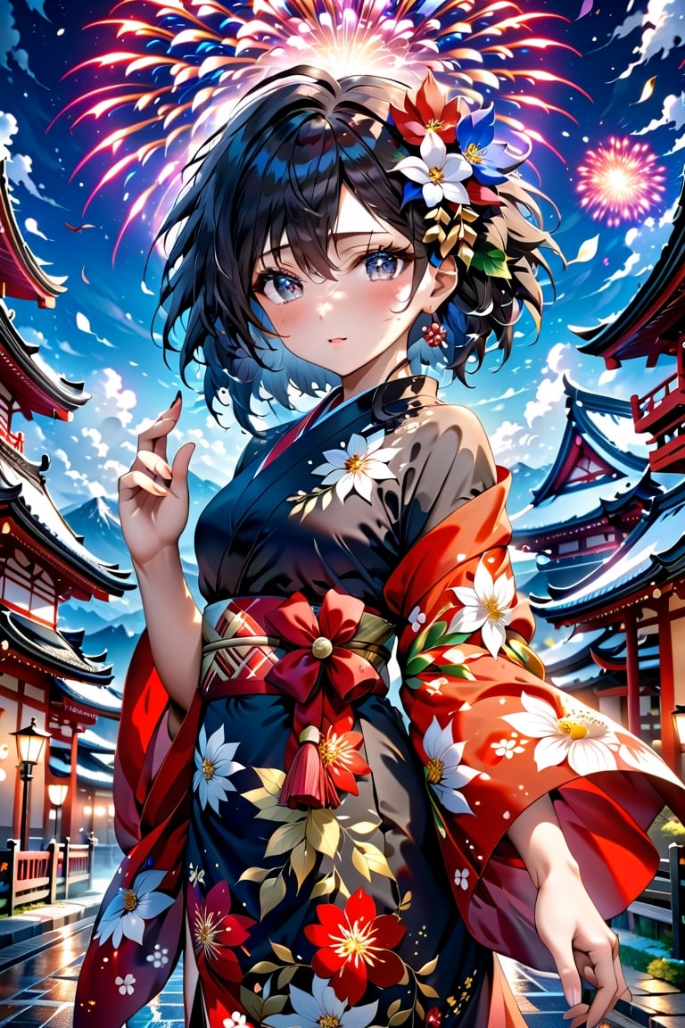 Anime ,hentai,(((extremely detailed CG unity 8k wallpaper, masterpiece, best quality, ultra-detailed, best shadow))),(anime),(anime style)(beautiful detailed face, beautiful detailed eyes),(( a beautiful girl,wearing (flower pattern ) kimono )),traffic sign with the inscription (((happy new year 2024))),Text, nature view, more detail XL,EpicSky,  (Snow cover,night_sky ,fireworks,road),(beautiful hands:1.5),cloud
