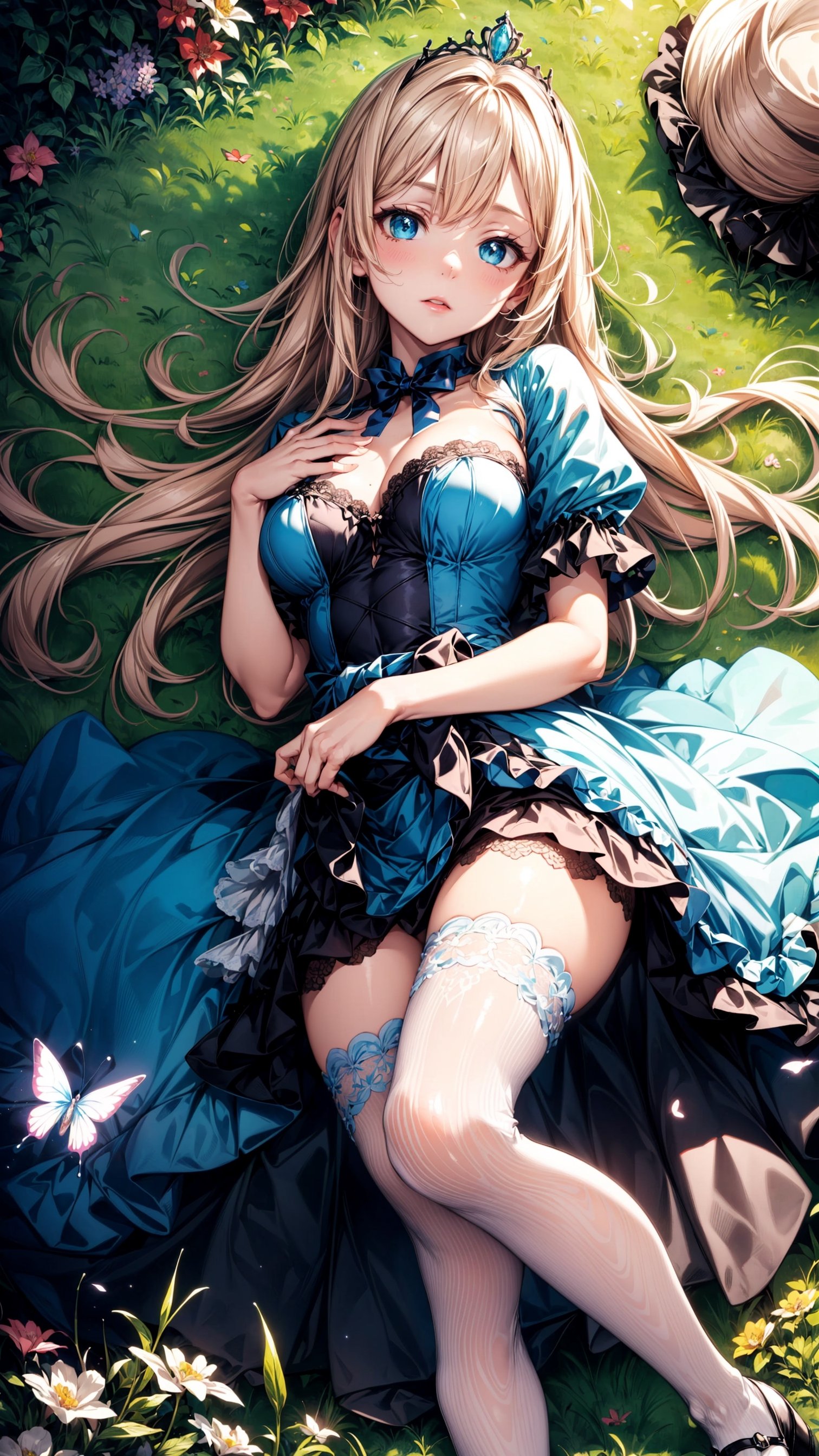 (best quality, masterpiece, illustration, designer, lighting), (extremely detailed CG 8k wallpaper unit), (detailed and expressive eyes), detailed particles, beautiful lighting, a cute girl, long blonde hair, wearing a teddy bear tiara, donning a beautiful blue and white dress with ruffles and lace, sheer pink stockings, transparent aquamarine crystal shoes, bows around her waist (Alice in Wonderland), butterflies around, (Pixiv anime style),(manga style),background, garden, colored flowers,butterflies, flowers, flowers covering her, (aerial view), grass, leaning on flowers, lying down,  looking to viewer, flower background,road of flowers,drow