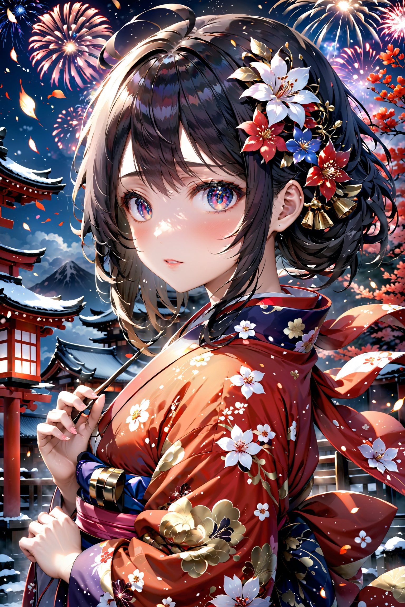 Anime ,hentai,(beautiful detailed face, beautiful detailed eyes),(((best quality,masterpiece))),(a beautiful girl,(flower pattern) kimono),(anime style),(Snow cover,night_sky ,fireworks,Japanese festival, nature view,Japanese shrine),more detail XL,EpicSky,cloud,(beautiful hands:1.5),full body,dynamic action,dynamic angle,