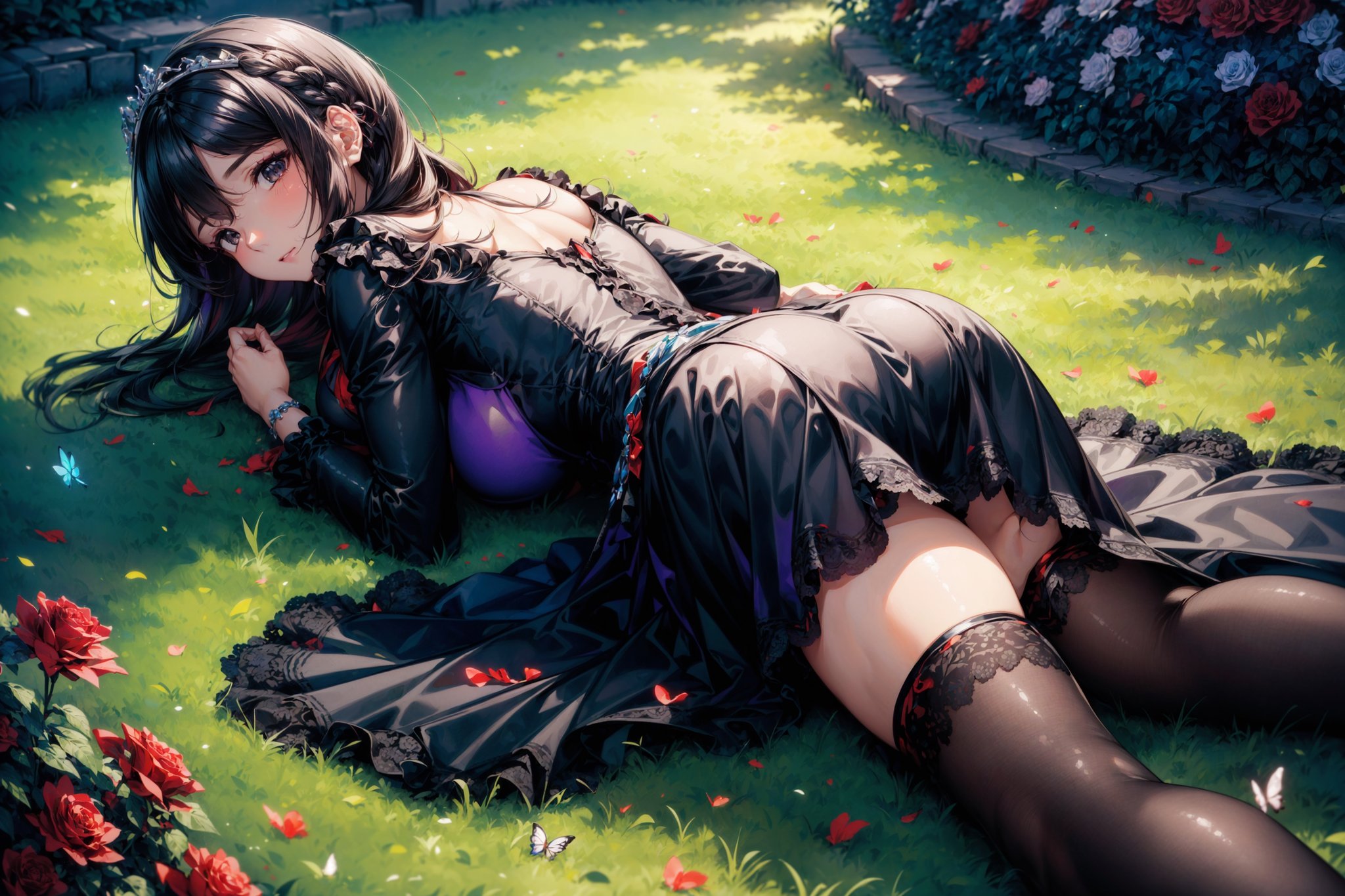 (best quality, masterpiece, illustration, designer, lighting), (extremely detailed CG 8k wallpaper unit), (detailed and expressive eyes), detailed particles, beautiful lighting , ((  a girl( long scarlet hair, big breasts,scarlet eyes) ,a boy(black hair ,black eyes),back to back, holding 1 katana)), ,wearing a teddy bear tiara, donning a beautiful black and red dress with ruffles and lace, sheer black stockings, transparent aquamarine crystal shoes, chest bows,  butterflies around, (Pixiv anime style),(manga style),background, garden, colored flowers,butterflies, Rose, flowers covering her, (aerial view), grass, looking to viewer, flower background,road of flowers,drow