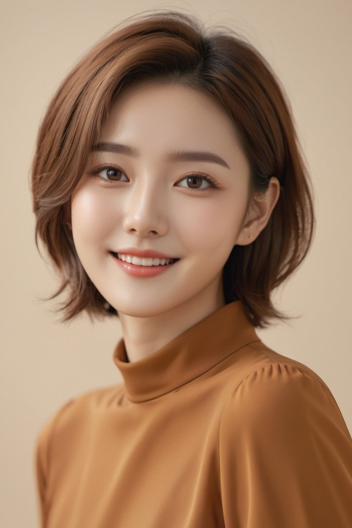 masterpiece,Best Quality,photorealistic,ultra-detailed,finely detailed,high resolution,8K wallpaper,brown short hair,perfect dynamic composition,beautiful detailed eyes,smiling happily,sharp-focus,xxmix_girl,beautymix,FilmGirl,full body shot,korean idol face,slim body