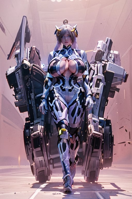 (masterpiece), science fiction, city, scenery, whole body, 1girl, long hair, ponytail, blond hair color, light blue eyes, mecha headgear, panoramic wide angle, Big Breasts,(gigantic breasts:2.5),Red sci-fi bodysuits color, on a TREADMILL, running,mecha,DonMC3l3st14l3xpl0r3rsXL,cara,AliceWonderlandWaifu,k4k3k, no humans,