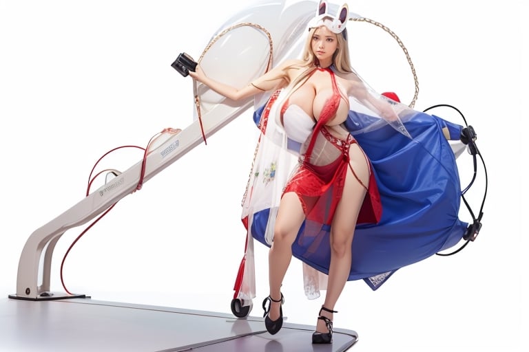 (masterpiece), science fiction, city, scenery, whole body, 1girl, long hair, ponytail, blond hair color, light blue eyes, mecha headgear, panoramic wide angle, Big Breasts,(gigantic breasts:2.2),Red sci-fi bodysuits color, on a TREADMILL, running,mecha,Spirit Fox Pendant,Rabbit ear,hands on own chest ,v arms,breasts squeezed together ,DonMF41ryW1ng5,,shodanSS_soul3142,nsfw. sling bikini:0.3,seethrough_china_dress,Wearing edgTemptation,