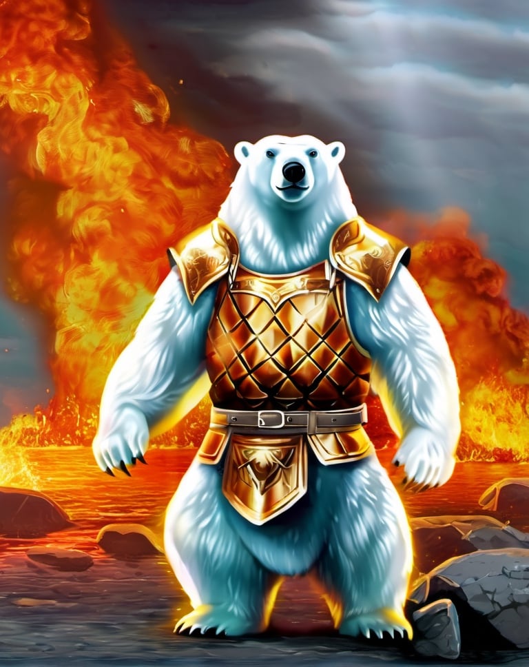 polar bear,crop top,plate armor,fire,