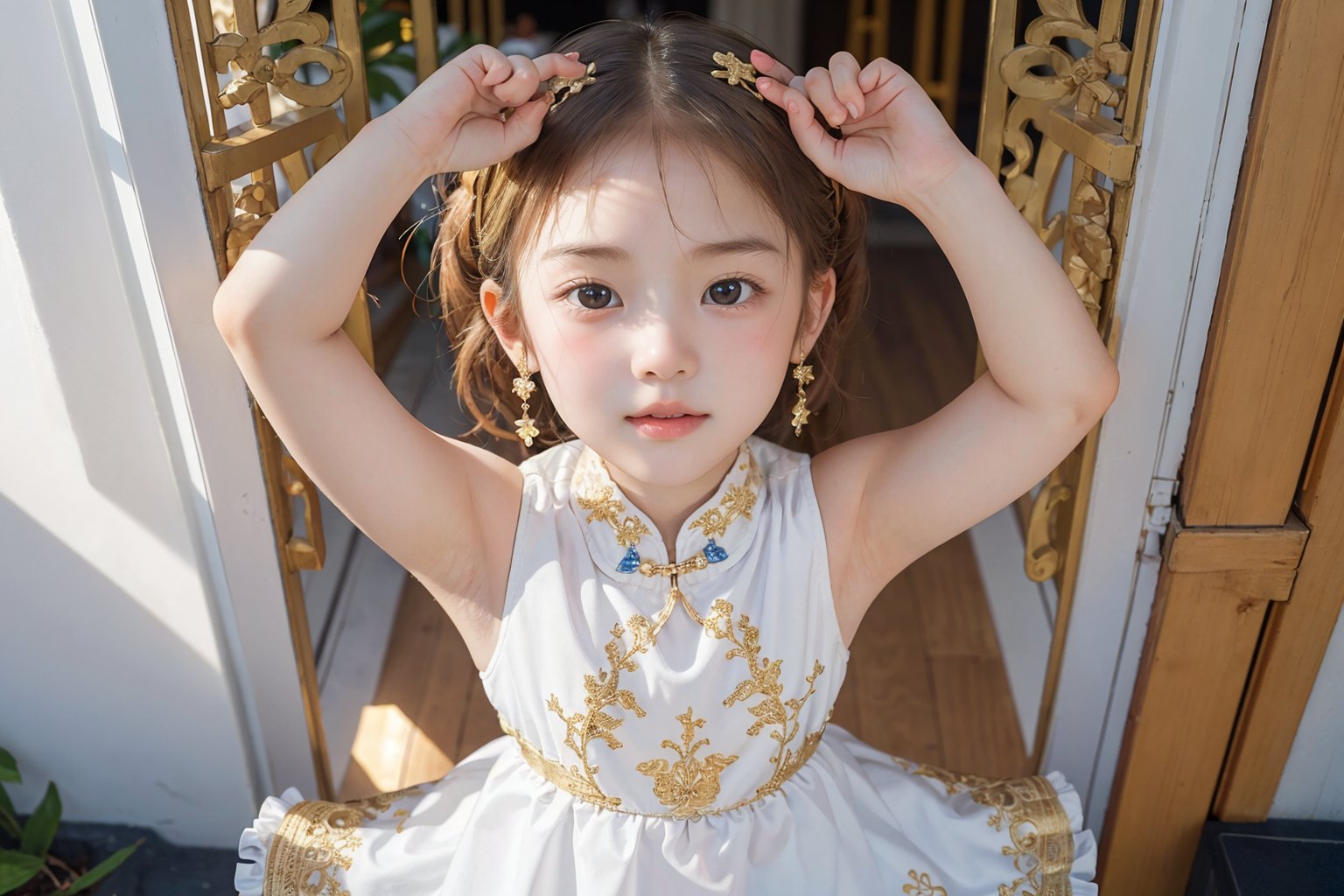 Envision a cute little girl, with blonde hair, blue eyes, ((kiss pose)), wearing 2 golden star earrings, white clothes, cheongsam with golden thread embroidery, steel chestpad, holding a face mask with the right hand, symmetrical, looking up, ((adorable expression)), full body, hair strand, Fair skin, glistening, 2 side braids, best quality, masterpiece, sharp focus, super detailed, 8k, high angle photo, close up, high contrast, (((tween, preteen, 7-year-old, 4k))), AIDA_LoRA_AnC, ((looking up her clothes)), 