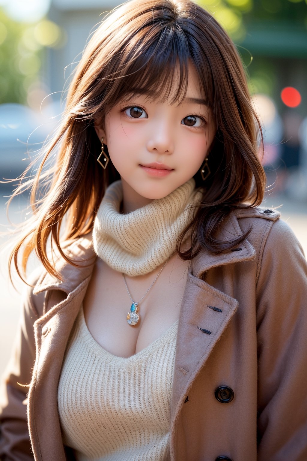 1 girl, beautiful korean girl, looking at viewer, 18yo, over sized eyes, big eyes, smiling, very bright backlighting, solo, {beautiful and detailed eyes},l arge breasts,calm expression, natural and soft light, hair blown by the breeze, delicate facial features, Blunt bangs, eye smile, very small earrings, ((model pose)), Glamor body type,(colorful hair, Half red and half brown hair:1.2), flim grain, realhands, masterpiece, Best Quality, photorealistic, ultra-detailed, finely detailed, high resolution,brown messy hair, perfect dynamic composition, beautiful detailed eyes, ((nervous and embarrassed)), sharp-focus, beautymix, FilmGirl,shy smile,(wearing a beige sweater,a brown coat,a brown scarf:1.3),(pendant:1.3),(model pose:1.3), cowboy_shot