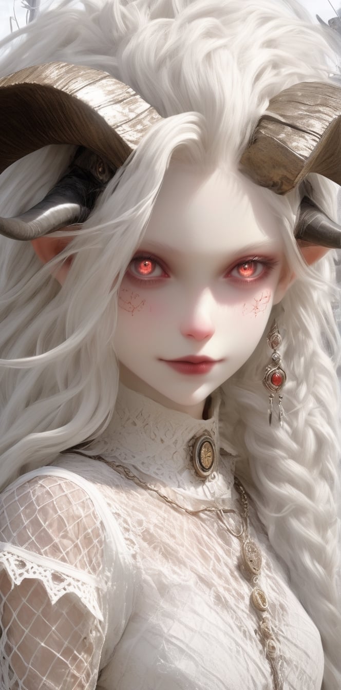 1 girl, (masterful), albino demon girl with lethargic sleepy smokey eyes,(white dreadlocks hair),((horizontal elongated pupils)),mesh fishnet blouse, (long intricate horns:1.2) ,
best quality, highest quality, extremely detailed CG unity 8k wallpaper, detailed and intricate, 
,steampunk style,Glass Elements