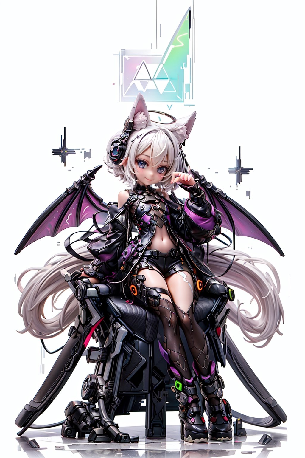 (white background:1.5), 1 girl, mid shot, full body, (succubus:1.2), (Lilith:1.2), (1 girl:1.2), solo, (short white hair:1.2) , (refreshing eyes:1.1) ,(crazy smile:0.8), (flat chest), (dress), (glitch digital glowing wings), (full body:1.0), (beautiful detailed eyes:1.0), (detailed face:1.0), (sitting on a throne), (one hand on hip:1.2) ,looking at you, /////////////////////////// ////////////////////////// ///////////////////////// psychedelic art, glitch art, abstract art, concept art,(point_color:1.4),(RGB Splitting:1.3),(god rays), (extremely detailed light), (science_fiction:1.2), (trippy:1.2),(colorful ink ), (floating colorful ink droplet ), (triangle shape:1.3), (Lilith of night:1.3), (gradient_background:1.1),(glitch background),( digital halo:1.2),(fluorescent graffiti :1.2),(neon light:1.2), (glowstick:1.2), (floating triangle glass fragments:1.2)
,Realism,cat ear,Rabbit ear