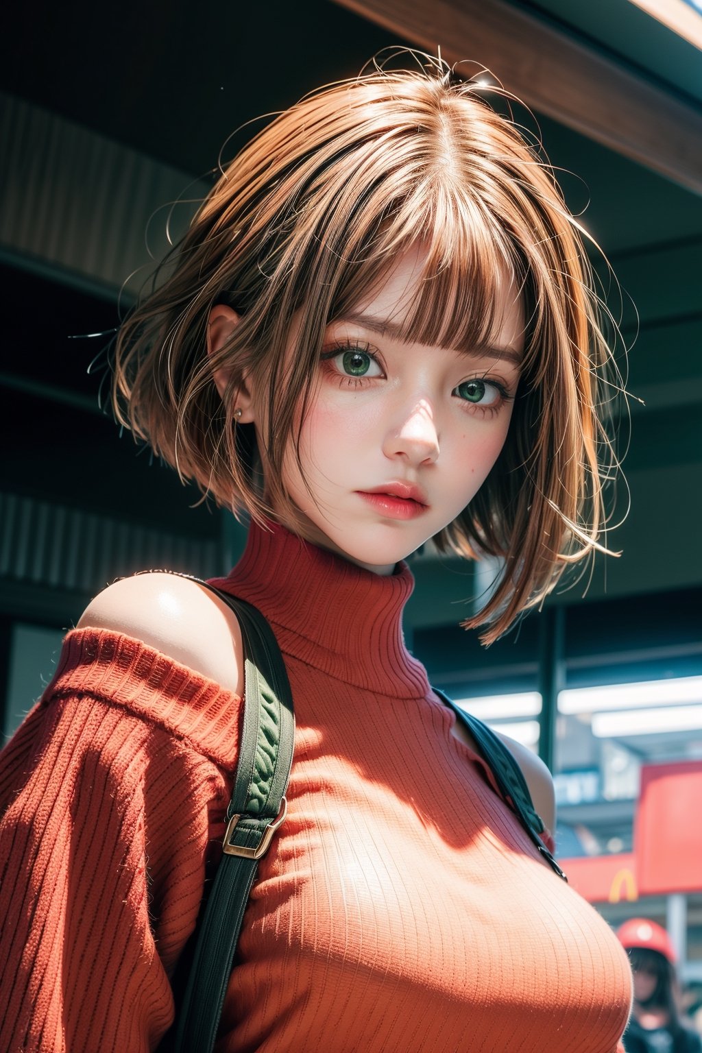 nose blush,mcdonalds_mom, short hair, large breasts, blunt bangs, bob cut, bright pupils, green eyes,orange_hair,Low angle shot,from below, the most beautiful image I have ever seen, Shader, volume rendering,niji,Realism