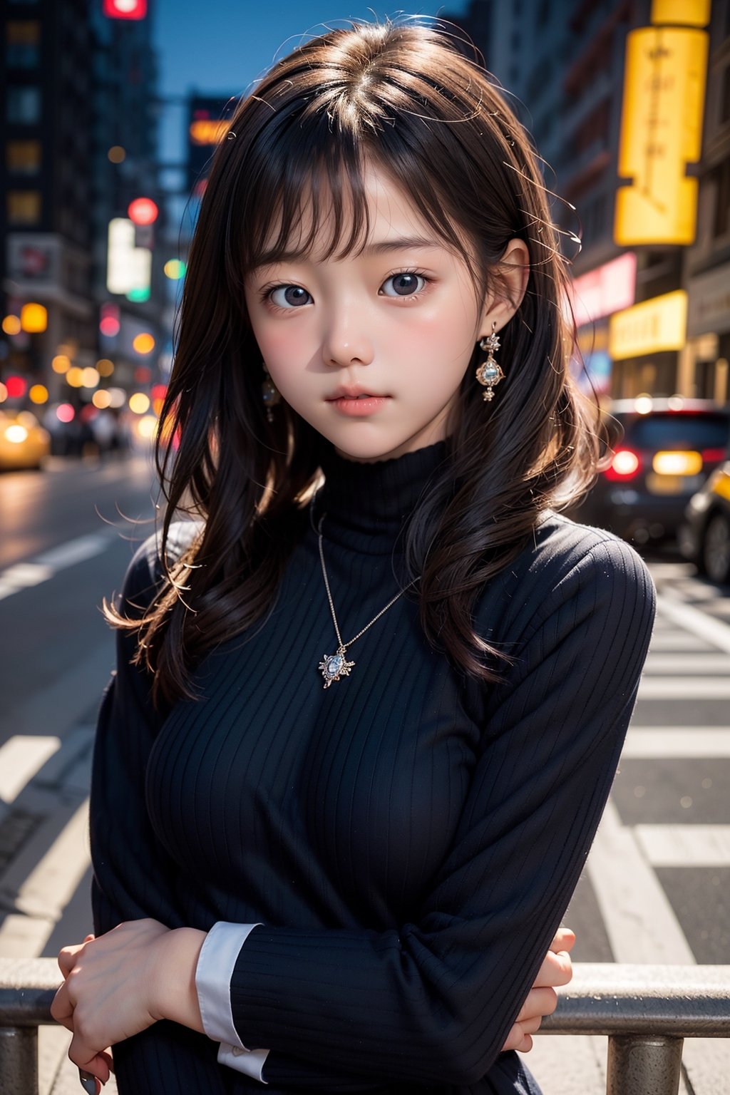 background is New York,street, 1 girl, beautiful korean girl, looking at viewer, Kyary Pamyu Pamyu perfectly morped with 18 year old angel Olsen, over sized eyes, big eyes, smiling, wearing tight black dress(turtle neck,simple,long sleeves),black long boots, smile, solo, {beautiful and detailed eyes}, dark eyes, big breasts, calm expression, delicate facial features, ((model pose)), Glamor body type, (dark hair:1.2), simple tiny earrings, simple tiny necklace,very_long_hair, hair past hip, bangs, curly hair, flim grain, realhands, masterpiece, Best Quality, 16k, photorealistic, ultra-detailed, finely detailed, high resolution, perfect dynamic composition, beautiful detailed eyes, eye smile, ((nervous and embarrassed)), sharp-focus, full_body, cowboy_shot,colorful_girl_v2,best quality