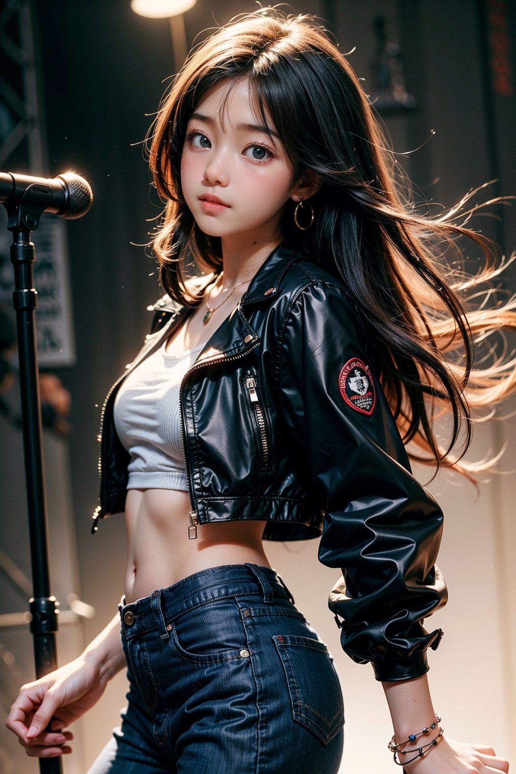 background is music stage,rock band,spot lights, 18 yo, 1 girl, beautiful korean girl, big eyes, stanging on stage, holding an electric guitar, wearing black bike jacket, happy smile,solo, {beautiful and detailed eyes}, dark eyes, calm expression, delicate facial features, ((model pose)), Glamor body type, (dark hair:1.2),very long hair,curly hair,hair_past_waist, simple tiny necklace,simple tiny earrings, flim grain, realhands, masterpiece, Best Quality, 16k, photorealistic, ultra-detailed, finely detailed, high resolution, perfect dynamic composition, beautiful detailed eyes, eye smile, ((nervous and embarrassed)), sharp-focus, full_body, cowboy_shot,colorful_girl_v2, looking at viewer,masterpiece