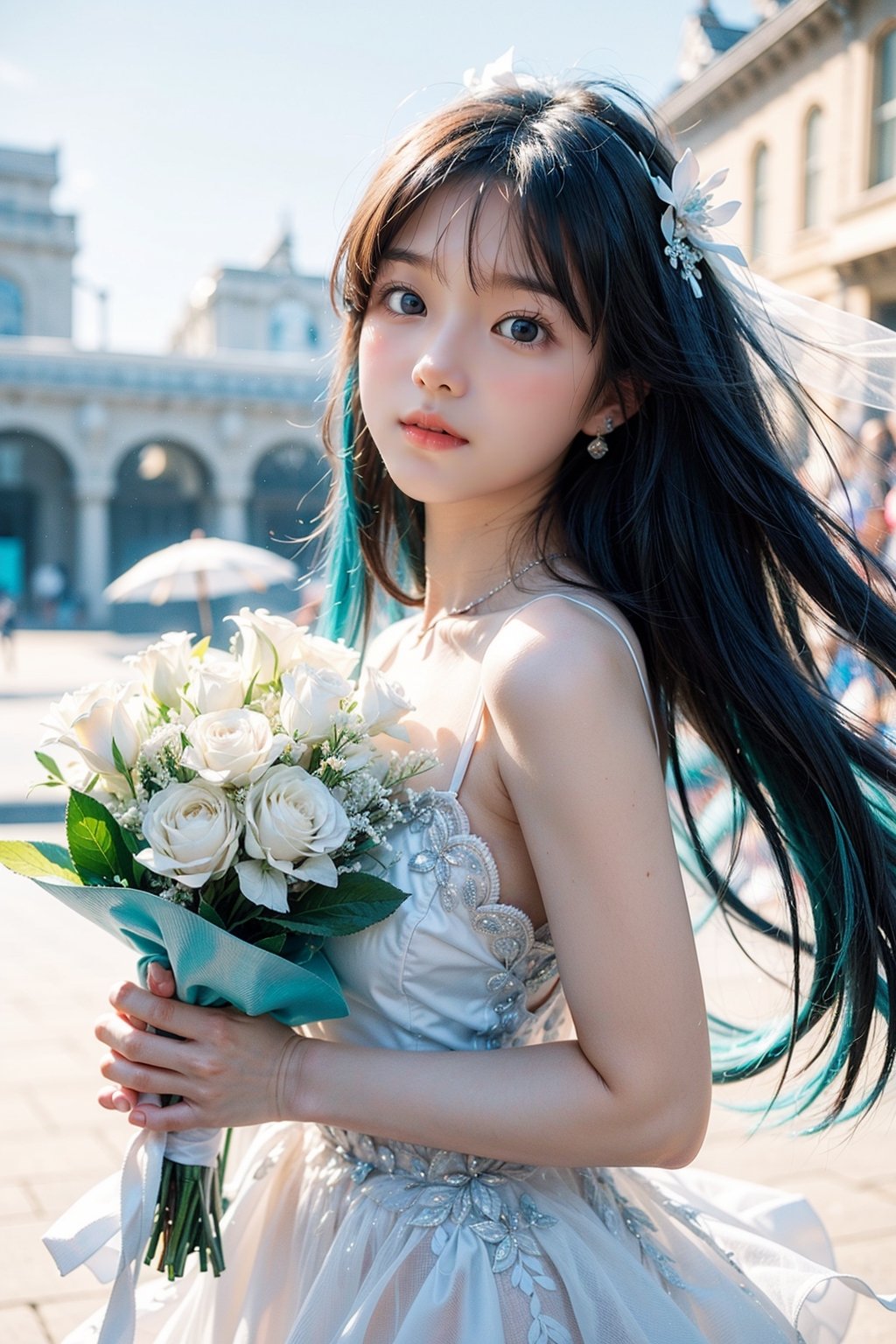 miku hatsune, long hair, white flower garden, wedding dress, holding bouquet, sliming, blue sky, no cloud, smiling, open mouth ray tracing, cinematic lighting, cuteness, freedom, hope, sharp focus, vibrant color, depth of field, cowboy shot, (intricate detail:1.2), (white theme:1.4), (blue tone:1.4), illustration, watercolor art, perfect light, 1 girl, beautiful korean girl, 18 yo, over sized eyes, big eyes, smiling, looking at viewer