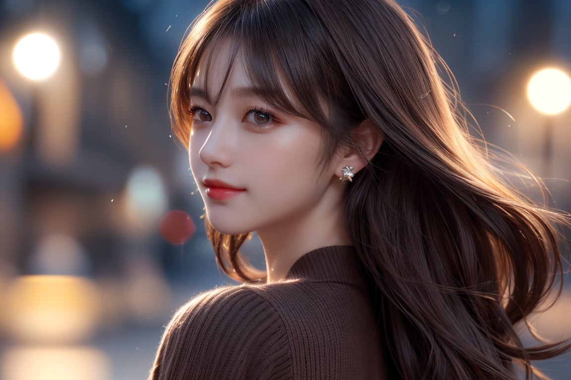 masterpiece, high quality, realistic aesthetic photo ,(HDR:1.4), pore and detailed, intricate detailed, graceful and beautiful textures, RAW photo, 16K, (bokeh:1.3), natural moon light, back lighting, Subsurface scattering, warm tone, (front from face shot),
25yo-japanese-1girl, beautiful face, (light-smile:1.1),  beautiful black straight long hair, dull bangs, (hair blowing in the wind:1.2), (detailed beautiful dark-brown eyes:1.3), smooth skin, juicy lips, eye_shadow, small earing, dark-red sweater, (glare at camera:1.2),          
high detailed, ultra detailed, 9x16 aspect ratio, 
high resolution, world-class official images, impressive visual, perfect composition,1 girl,Realism